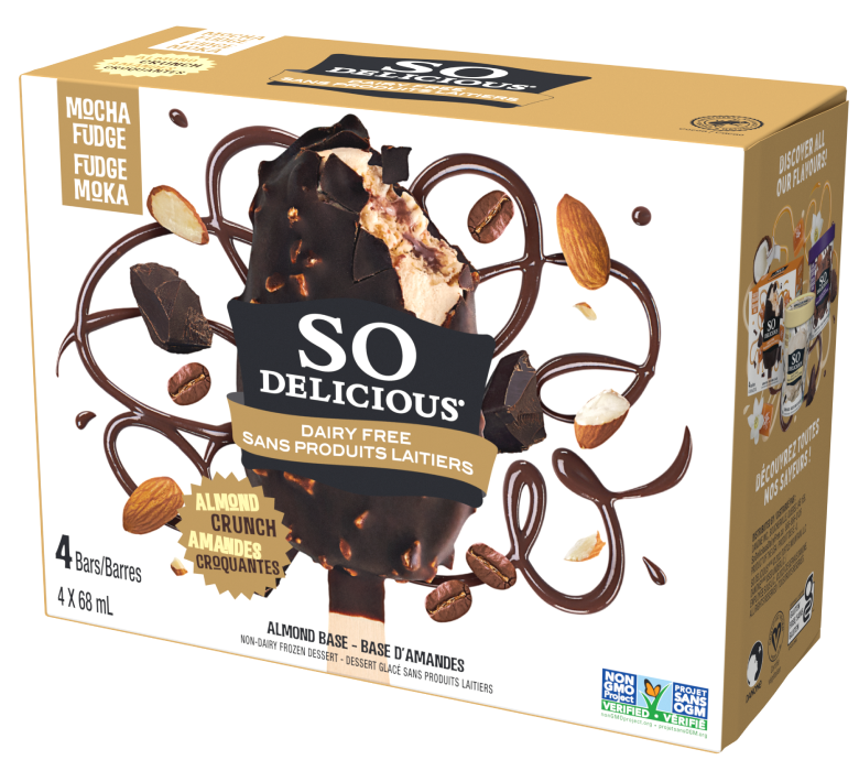 SO DELICIOUS, FROZEN DESSERT ALMOND FUDGE MOCHA &amp; ALMOND BARS, 4X68 ML