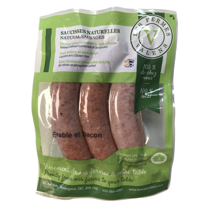 LES FERMES VALENS, SAUCISSES NATURELLES ÉRABLE ET BACON BIOLOGIQUE, 3 UNITÉS