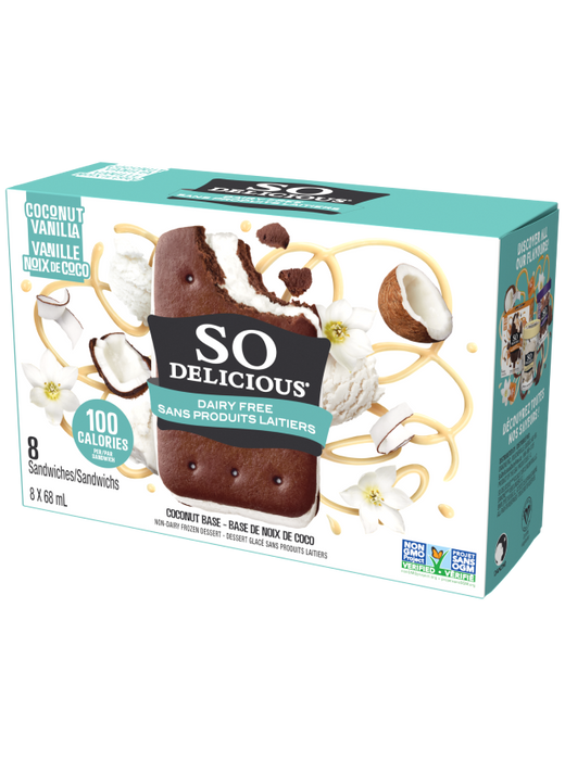 SO DELICIOUS, FROZEN DESSERT COCONUT SANDWICHES, 8X68 ML