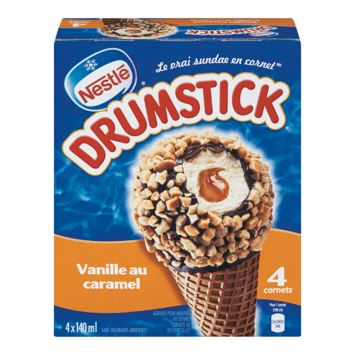 NESTLE, DRUMSTICK CORNETS DE CRÈME GLACÉE À LA VANILLE AU CARAMEL, 4X140 ML