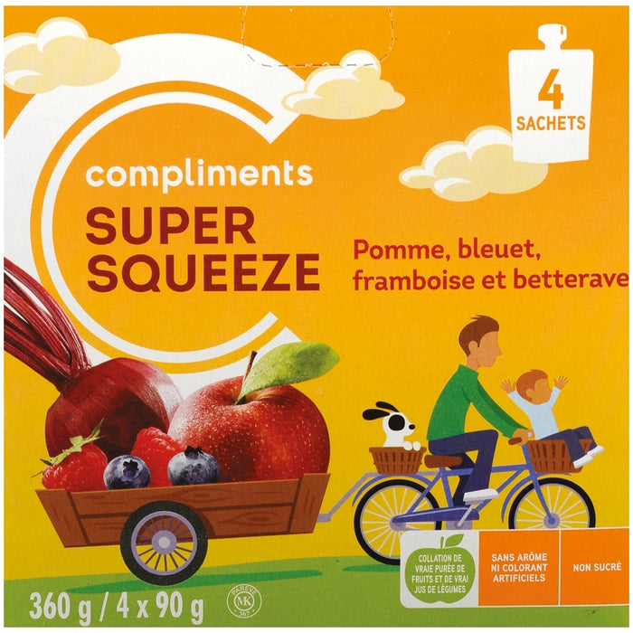 COMPLIMENTS SUPER SQUEEZE, COLLATION AUX POMMES BLEUET FRAMBOISE & BETTERAVE, 360 G