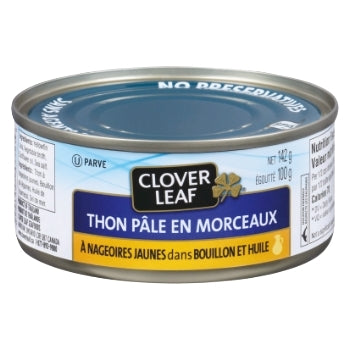 CLOVER LEAF, THON PÂLE EN MORCEAUX DANS BOUILLON ET HUILE, 142G