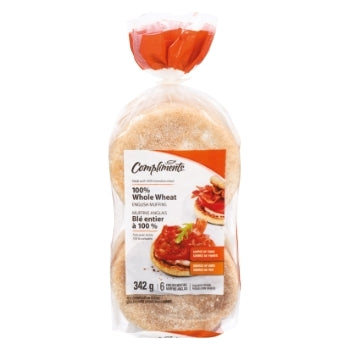 COMPLIMENTS WHOLE WHEAT ENGLISH MUFFIN, 342 G