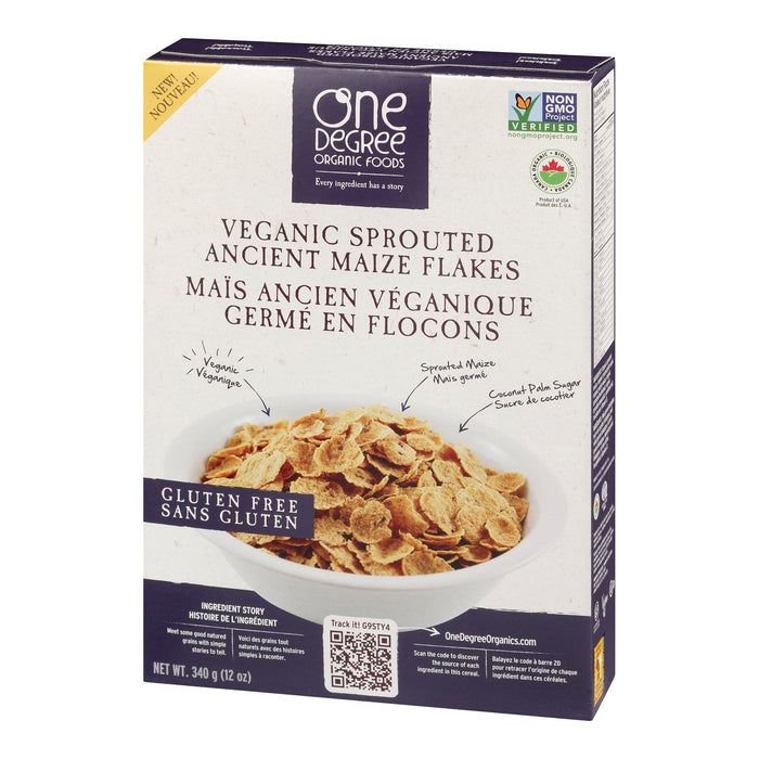 ONE DEGREE ORGANIC FOODS, CEREALS VEGANIC ANTIQUE CORN SPROUTED FLAKES, 340 G