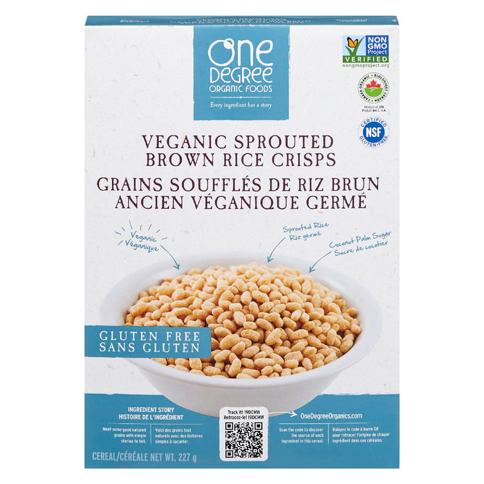 ONE DEGREE ORGANIC FOODS CEREAL Puffed GRAINS VEGANIC SPROUTED OLD BROWN RICE, 227 G