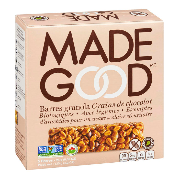 MADE GOOD BARRES GRANOLA GRAINS CHOCOLAT BIOLOGIQUES, 5S, 120 G