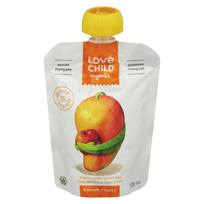 LOVE CHILD, PURÉE BIOLOGIQUE POUR BÉBÉS AVEC POMMES & MANGUES, 128 ML