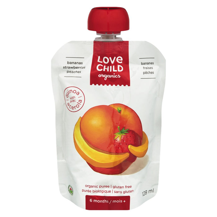 LOVE CHILD, PURÉE BIOLOGIQUE POUR BÉBÉS AVEC BANANES FRAISES & PÊCHES, 128 ML
