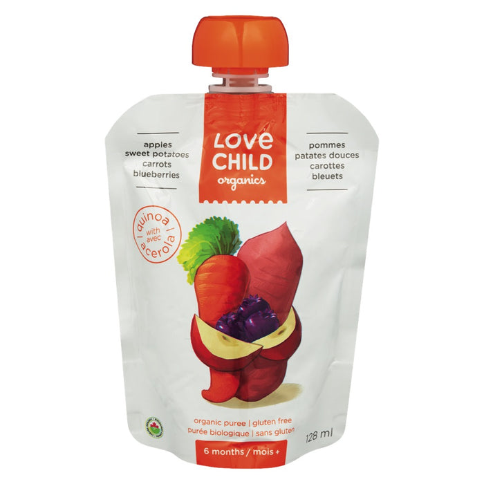 LOVE CHILD, PURÉE BIOLOGIQUE POUR BÉBÉS AVEC POMMES PATATES DOUCES CAROTTES & BLEUETS, 128 ML