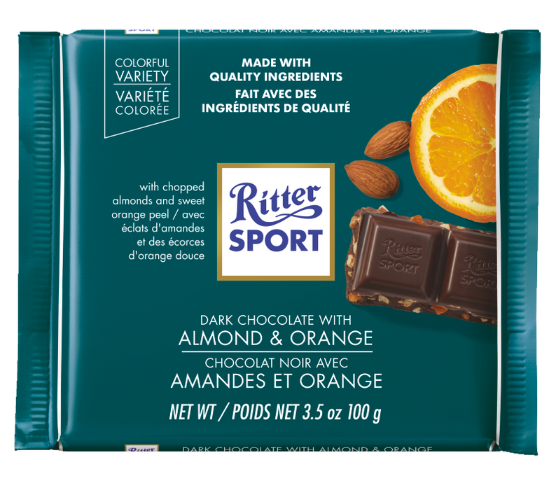 RITTER SPORT, CHOCOLAT NOIR AVEC AMANDES ET ORANGE, 100 G
