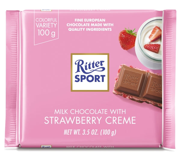RITTER SPORT, CHOCOLAT AU LAIT FOURRÉ À LA CRÈME À LA FRAISE, 100 G