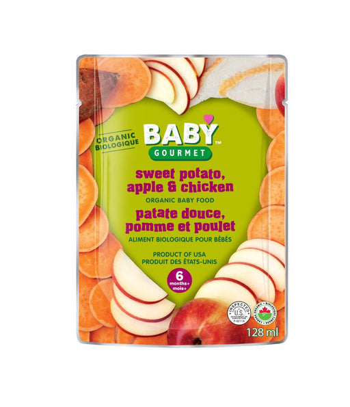 BABY GOURMET, ALIMENT POUR BÉBÉS  PATATE DOUCE POMME & POULET BIO, 128 ML