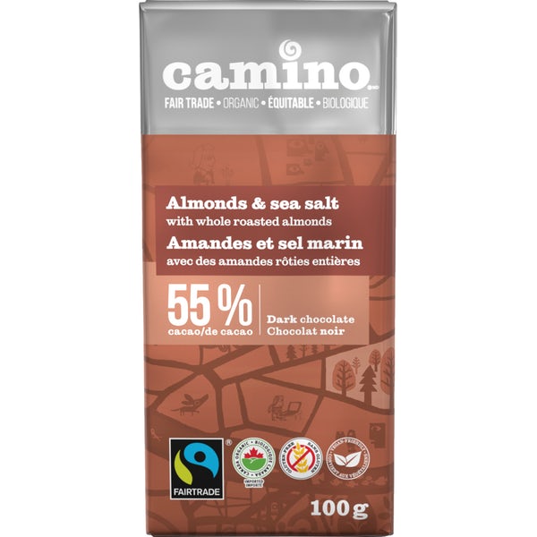 CAMINO, CHOCOLAT 55% AMANDES SEL MARIN BIOLOGIQUE, 100G