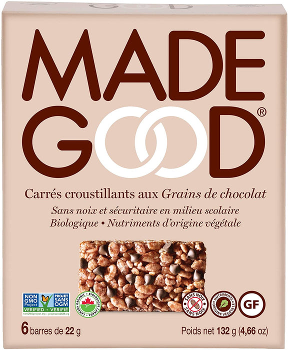 MADE GOOD, CARRÉS CROUSTILLANTS AUX GRAINS DE CHOCOLAT, 6X22 G