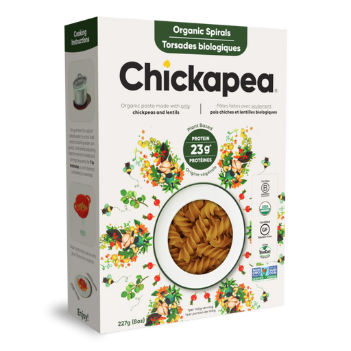 CHICKAPEA, PÂTES TORSADES AUX POIS CHICHES ET LENTILLES BIOLOGIQUE, 227G