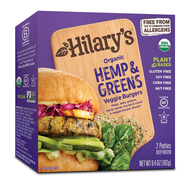 HILARY'S, VEGETABLE BURGERS WITH HEMP &amp; ORGANIC LEAFY VEGETABLES, 181 G