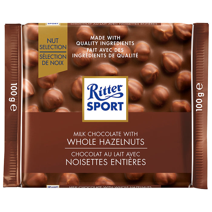 RITTER SPORT, CHOCOLAT AU LAIT AVEC NOISETTES ENTIÈRES, 100 G