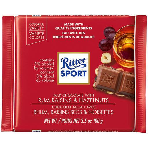 RITTER SPORT, CHOCOLAT AU LAIT AVEC RHUM RAISINS SECS & NOISETTES, 100 G