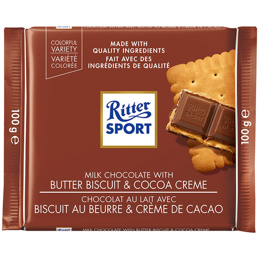 RITTER SPORT, CHOCOLAT AU LAIT AVEC BISCUIT AU BEURRE & CRÈME DE CACAO