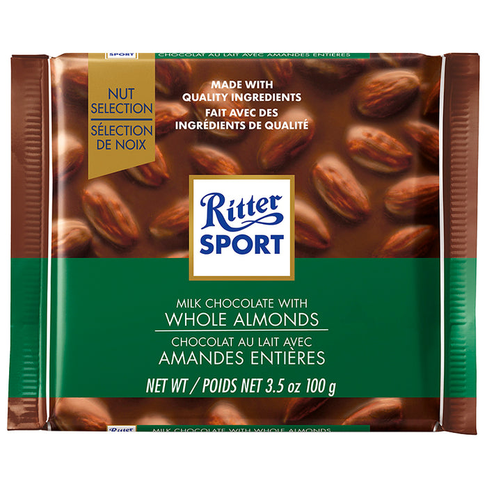 RITTER SPORT, CHOCOLAT AU LAIT AVEC AMANDES ENTIÈRES, 100 G