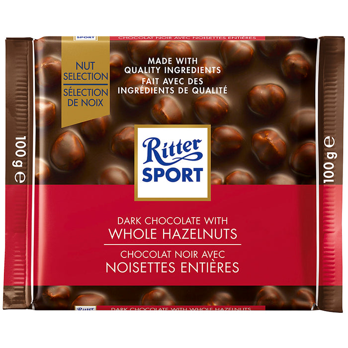 RITTER SPORT, CHOCOLAT NOIR AVEC NOISETTES ENTIÈRES, 100 G