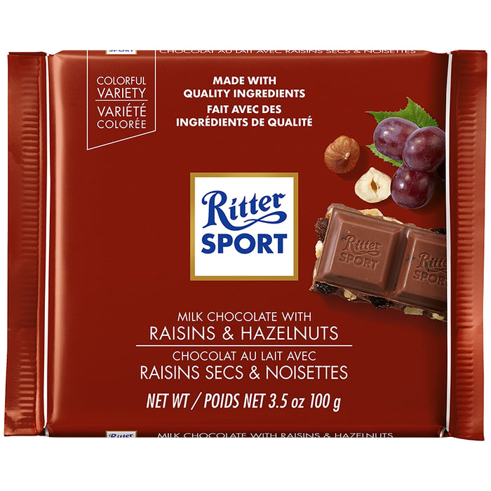 RITTER SPORT, CHOCOLAT AU LAIT AVEC RAISINS SECS & NOISETTES, 100 G