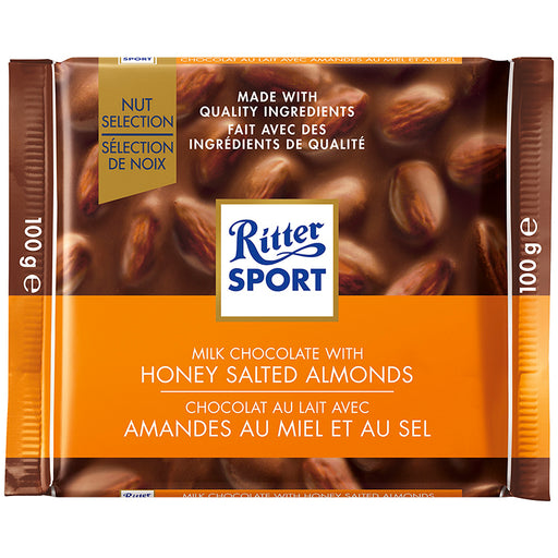 RITTER SPORT, CHOCOLAT AU LAIT AVEC AMANDES AU MIEL ET AU SEL, 100 G