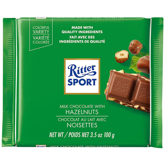 RITTER SPORT, CHOCOLAT AU LAIT AVEC MORCEAUX DE NOISETTES, 100 G