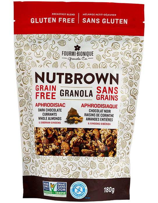 FOURMI BIONIQUE, GRANOLA NUTBROWN APHRODISIAQUE CHOCOLAT NOIR RAISINS ET AMANDES, 180G