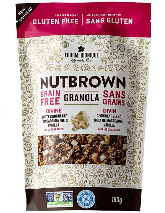 FOURMI BIONIQUE, GRANOLA NUTBROWN DIVIN CHOCOLAT BLANC MACADAMIA ET VANILLE, 180G