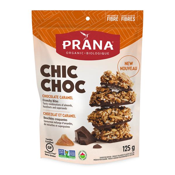 PRANA, CHIC CHOC BOUCHÉES CROQUANTES AU CHOCOLAT ET CARAMEL BIO, 125 G